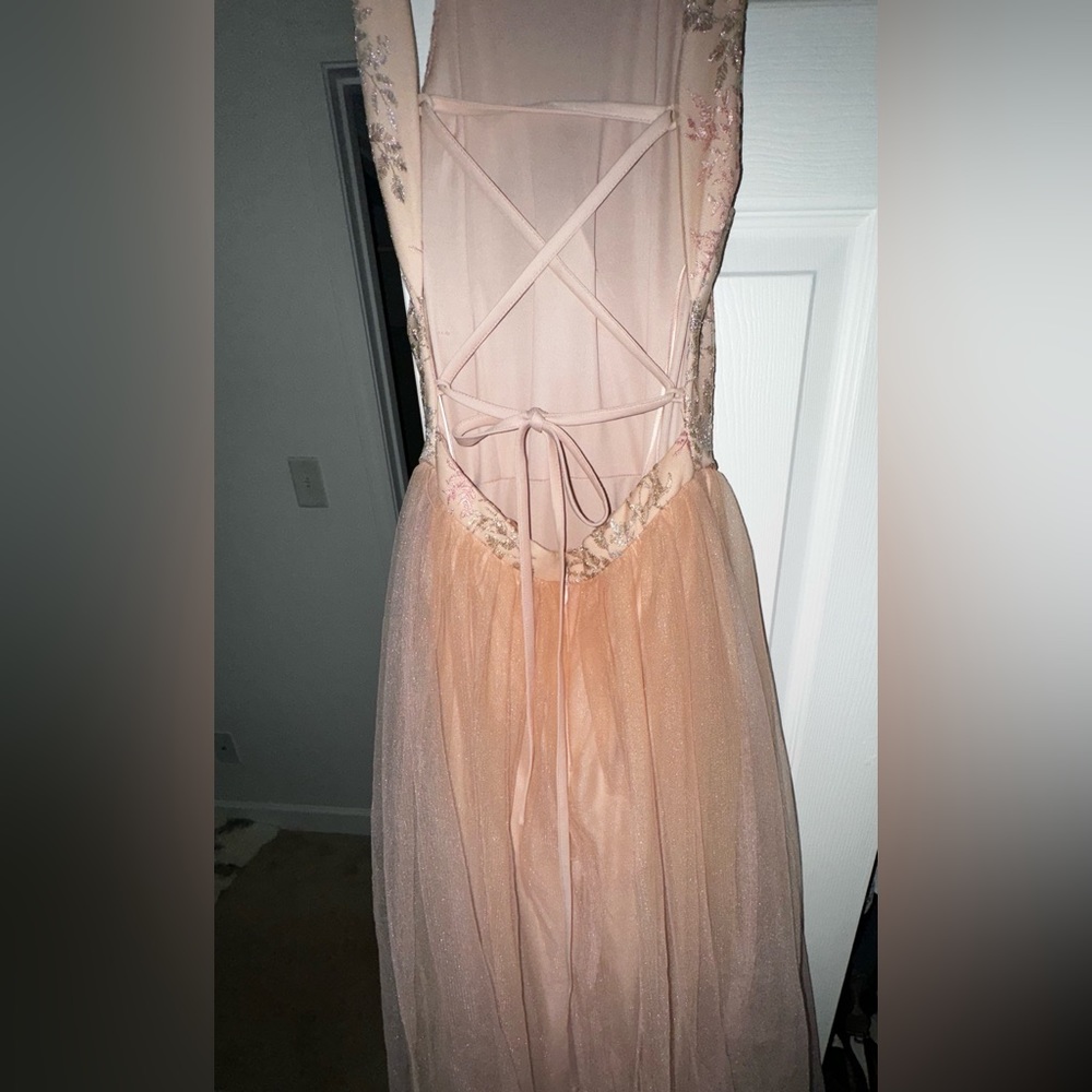 Backless Pale Peach Prom Gown with stunning embroidery perfect for spring!